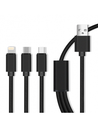 Cavo USB Maxlife 3in1 - Lightning + USB-C + microUSB 2.1A treccia di nylon nera