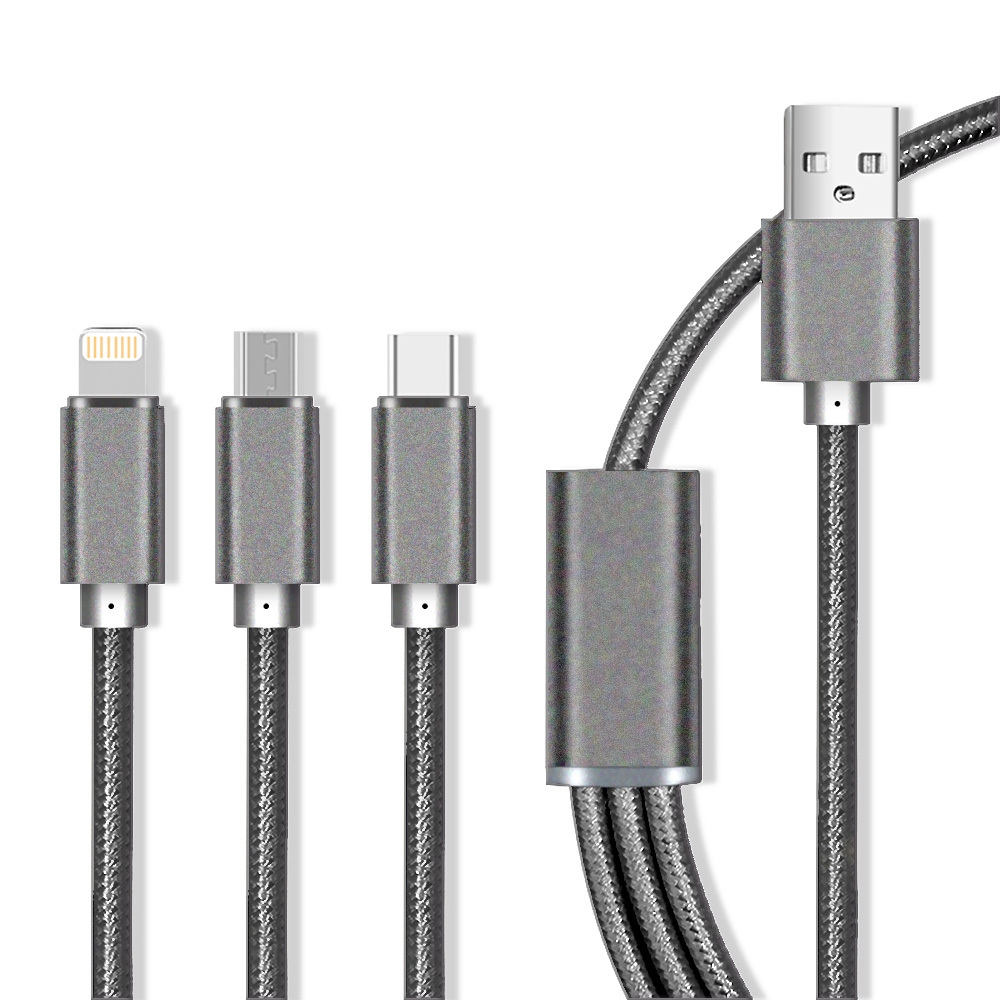 Cavo USB Maxlife 3in1 - Lightning + USB-C + microUSB 2.1A in nylon grigio treccia